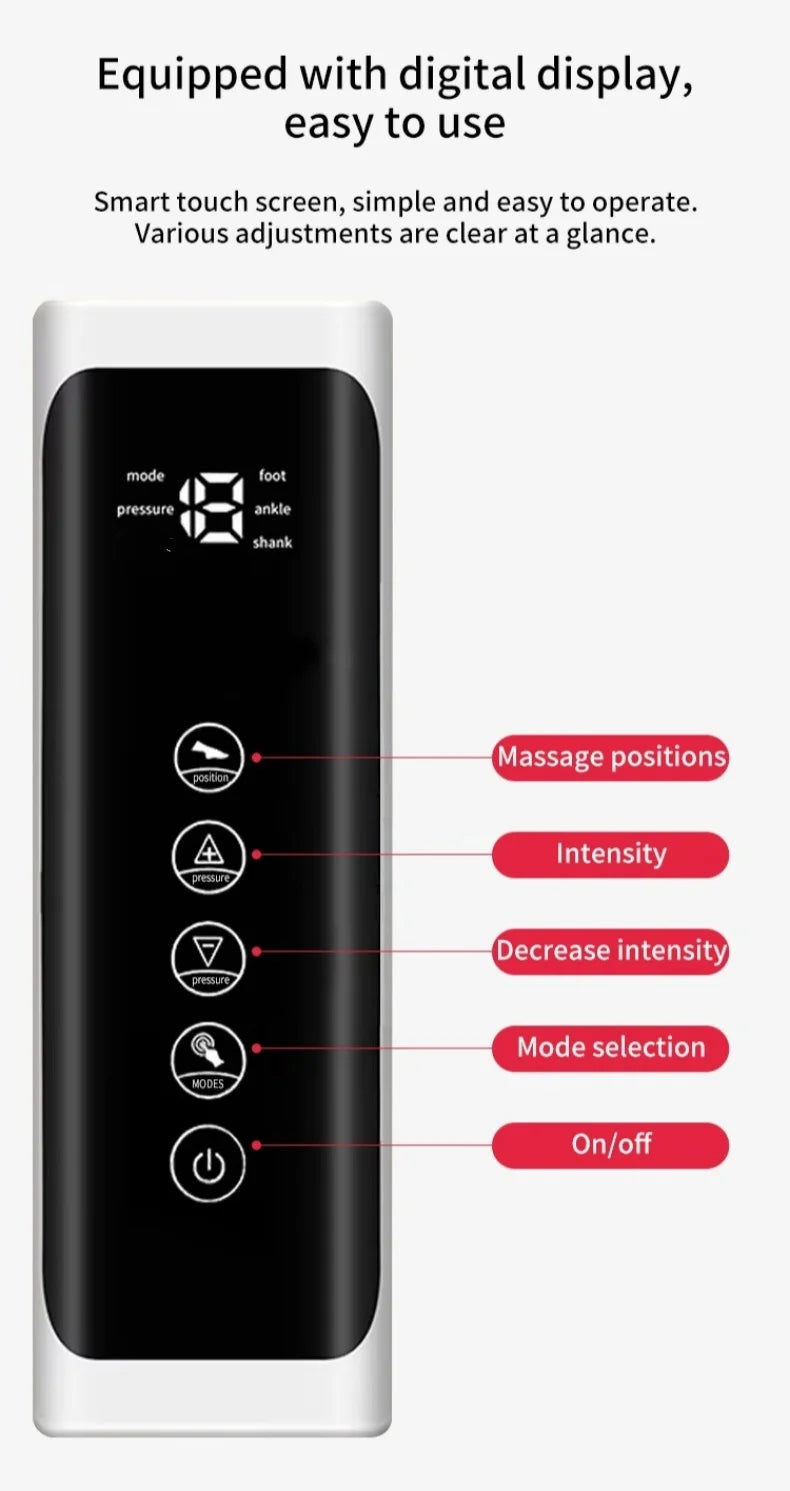 Pressothérapie, Masseur de jambes dans votre salon, électrique version étendue pour une relaxation profonde des cuisses, des mollets et des pieds avec télécommande