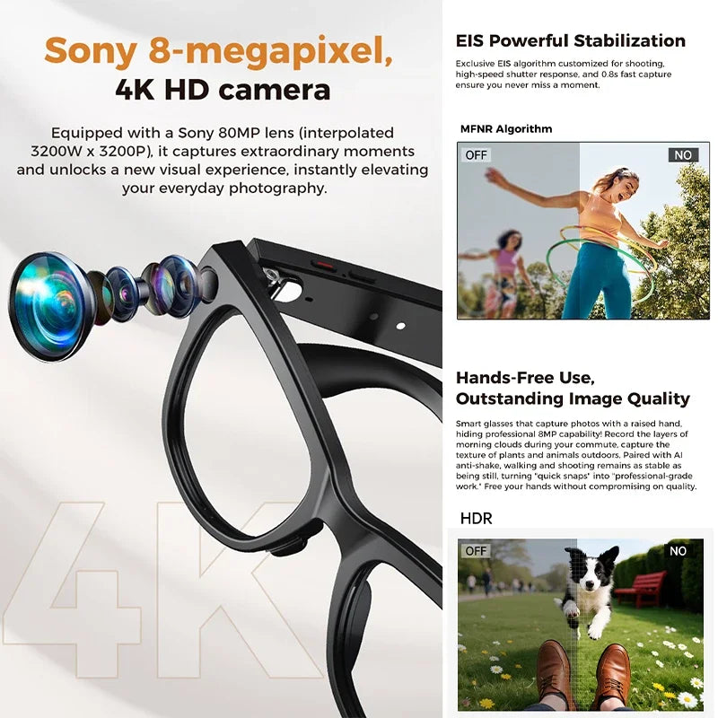 Lunettes AI intelligentes pour Photo enregistrement vidéo 4K HD 8 mégapixels 290 Mah traduction Microphone réduction du bruit lunettes intelligentes UNISEX