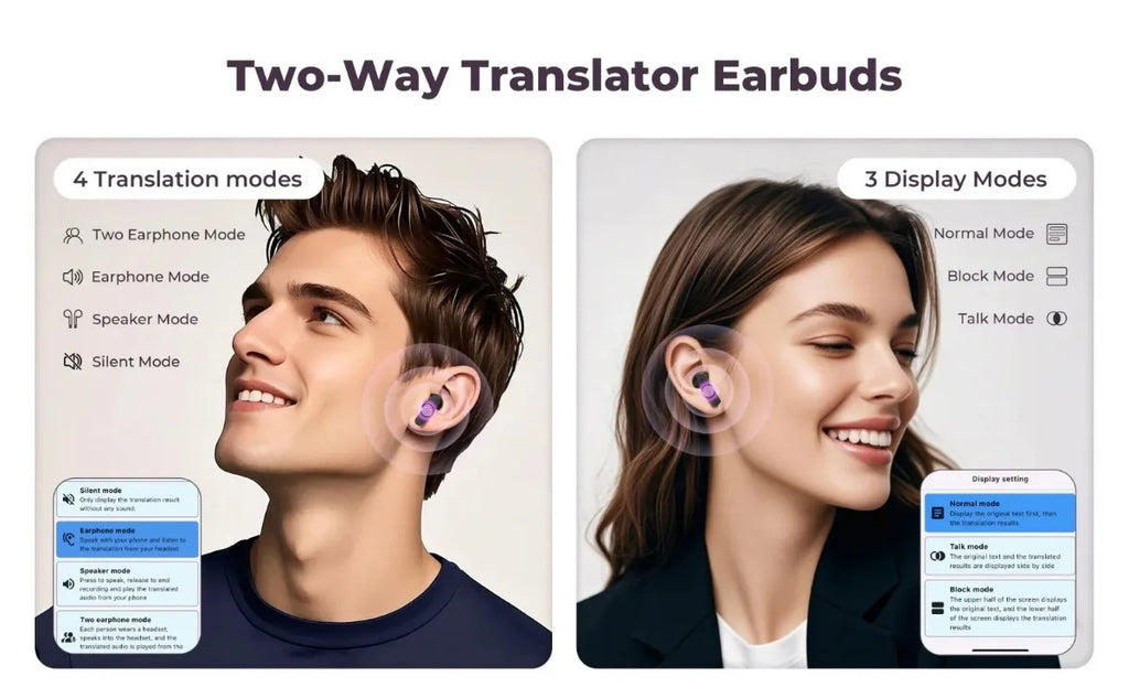 Écouteurs traducteurs en temps réel avec écran tactile 144 langues traduction Bluetooth 5.4 écouteurs casque antibruit