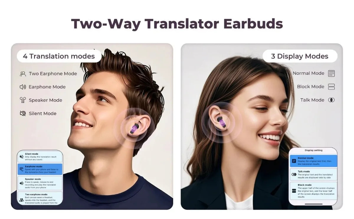 Écouteurs traducteurs en temps réel avec écran tactile 144 langues traduction Bluetooth 5.4 écouteurs casque antibruit
