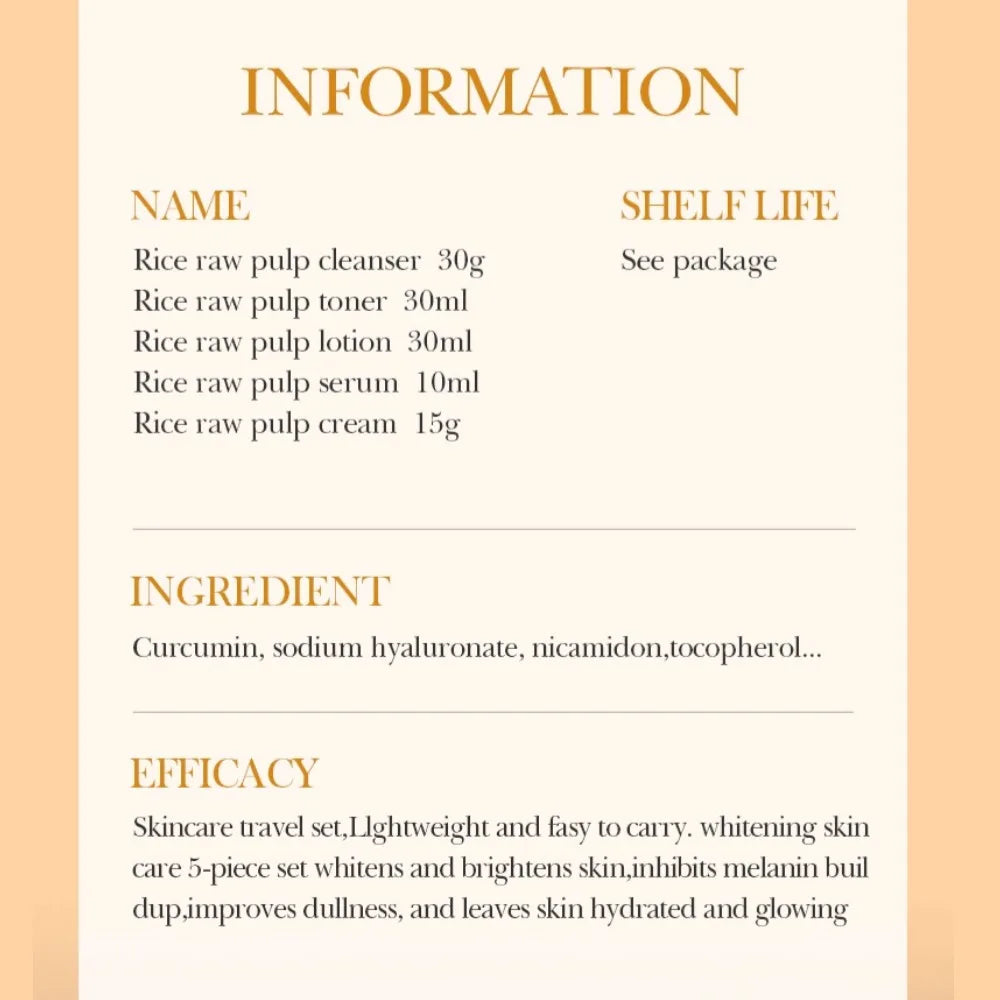 Ensemble de soins de la peau blanchissant au riz, nettoyant pour le visage ,1 toner 1 essence 1 lotion 1 crème et un sérum éclaircissant