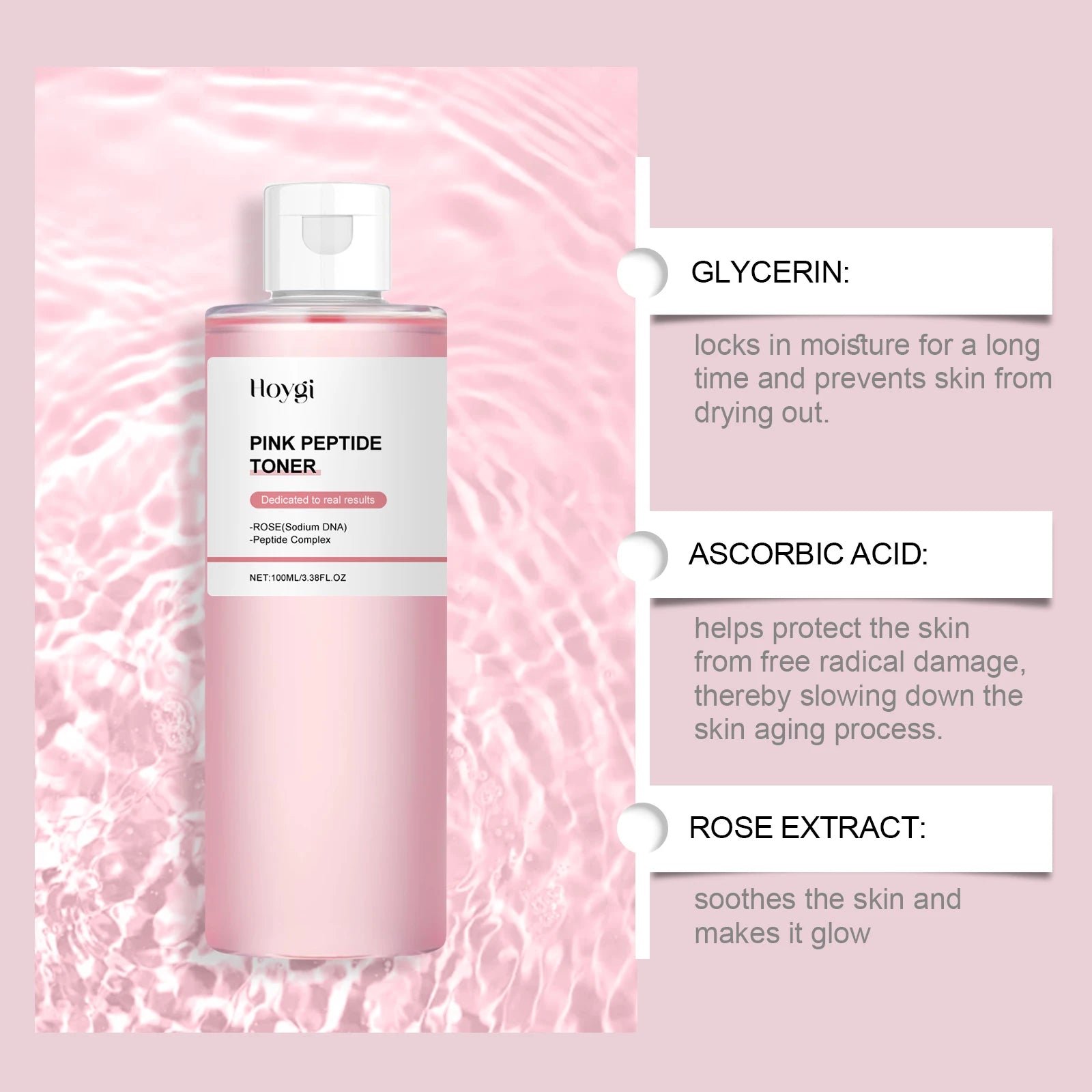 Tonique à l'essence et peptides de Rose et liftant pour la peau, apaisant, hydratant, rafraîchissant, revitalisant, nourrissant, éclaircissant, Peptide rose pour le visage