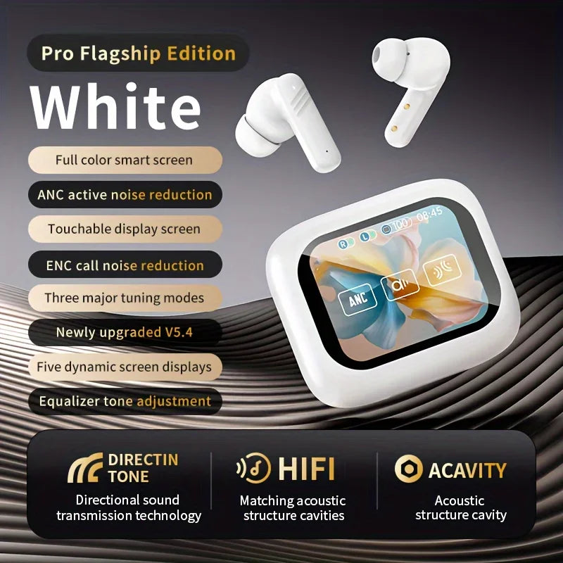 Écouteurs Bluetooth à suppression active du bruit, véritables écouteurs sans fil écran tactile intelligent
